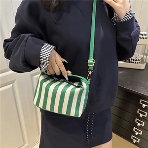 Casual Women Stripe Canvas Square Crossbody Bag With Metal Lock Korean Fashion Handbag Shoulder Bag For Daily Commuting