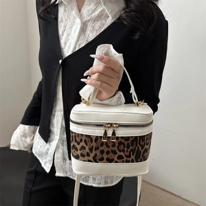 Damen Mode Leopardenmuster PU Leder Spleißen Zylindertasche Urban Chic Farbblock Schulter Umhängetasche Handtasche Mit Reißverschluss