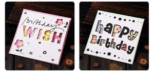 Detailed view of hollowed-out birthday cards with pink and green floral patterns