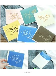 Set of six colorful thank you cards with gold foil lettering and matching white envelopes