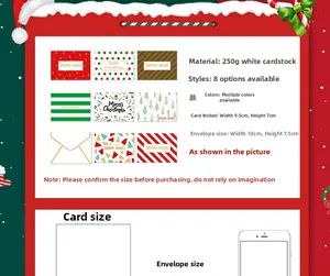 Detail view of 250g cardstock Christmas cards and envelopes with sizes and 8 patterns