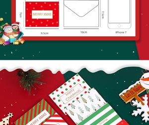 Detailed size specifications for mini Christmas cards and envelopes with festive patterns