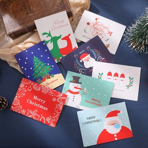 Set of 8 illustrated Christmas cards featuring Santa and reindeer on a festive background