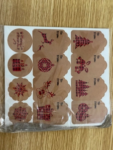 Detailed set of Christmas kraft paper gift tags with reindeer and red plaid patterns