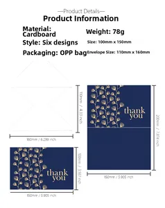 Detailed size specifications for gold-stamped thank you greeting cards and envelopes