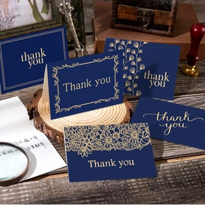 Elegant navy blue gold foil thank you cards set with vintage wood scene and envelopes