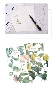 Detail of botanical envelope set with floral illustrations and vintage writing pen