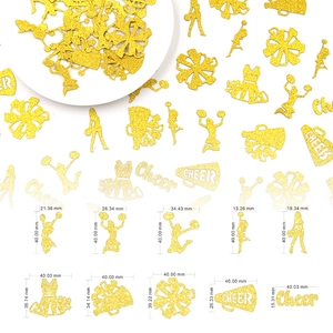 Golden glitter cheerleader confetti set with megaphones and uniforms for party table decor