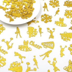 Gold glitter cheerleader party confetti with silhouettes and Cheer cutouts for tables