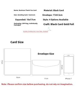 Size specifications for black gold-stamped greeting card with envelope and scale guide
