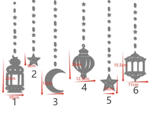 Detailed dimensions of 6pcs Muslim festival hanging ornaments with stars and moon
