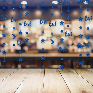 Blue glitter Eid Mubarak hanging ornaments with stars and moons for party decoration