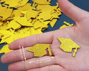 Detail of gold glitter graduation cap confetti showing 3.6cm size dimensions