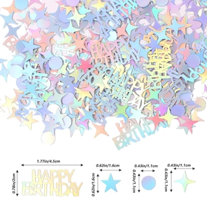 Detailed dimensions of Happy Birthday confetti and laser stars for party table decor
