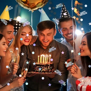 Colorful Happy Birthday confetti set with stars and dots for festive table decoration