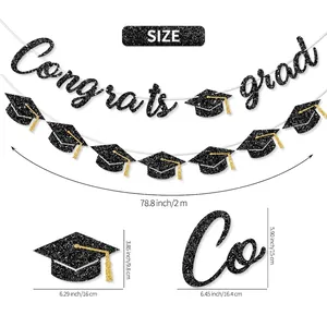 Congrats Grad graduation banner with black glitter doctoral caps and gold tassels, 2m length