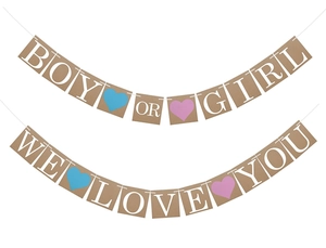 Détail de bannière en papier kraft avec texte BOY OR GIRL et cœurs bleu rose pour fête
