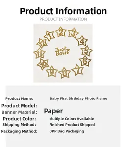 Close-up of gold glitter star photo clips and Just Born banner for baby birthday