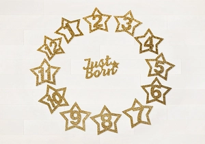 Close-up of golden glitter stars 1-12 and Just Born banner for baby photo garland