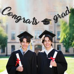 Congrats Grad black glitter banner with doctoral cap for graduation party decorations