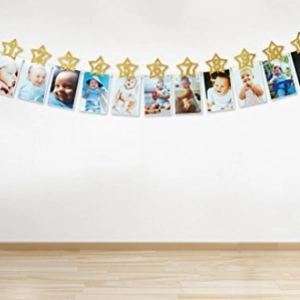 Golden glitter star photo banner for baby first birthday party wall decoration