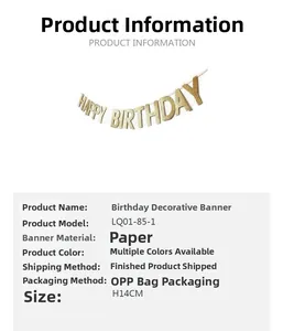 Macro detail of gold glitter Happy Birthday banner letters with 14cm height specification