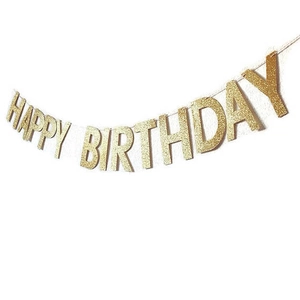 Glittering gold Happy Birthday banner with elegant lettering for party wall decoration