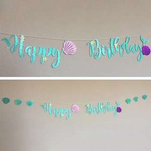 Mermaid Theme Happy Birthday Banner Glitter Paper Hanging Garland Shell Starfish Decorations For Girls Birthday Party