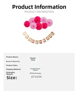 Detailed size parameters for pink It's A Girl baby shower banner and paper honeycomb balls