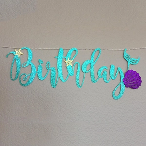 Mermaid theme Happy Birthday banner with teal glitter letters and starfish ornaments
