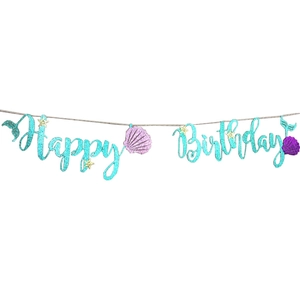 Blue glitter Mermaid Happy Birthday banner with purple shells and starfish decorations