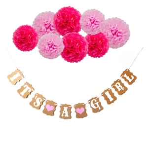 Kraft Paper It's A Girl Banner With Pink Pom Poms Set For Baby Shower Birthday Gender Reveal Party Decoration Sweet Heart Scalloped Bunting