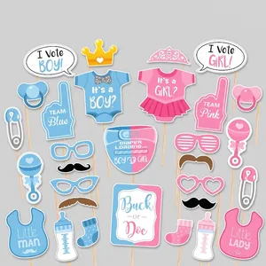Accessoires Photo Booth Révélation Sexe Papier Carton Bâtons Bambou Décoration Fête Bébé Thème Garçon Ou Fille