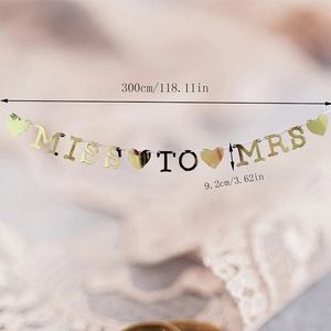 Gold Miss to Mrs glitter banner with hearts for wedding decoration, 300cm long