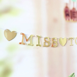 Golden mirror Miss to Mrs wedding banner with heart decoration for bridal party decor