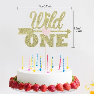 Gold glitter Wild ONE birthday cake topper with pink heart for first birthday party