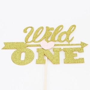 Gold glitter Wild ONE cake topper with pink heart and arrow for first birthday party