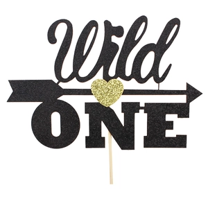 Wild ONE black glitter cake topper with golden heart for baby first birthday party decor