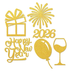 Detailed view of 2026 New Year gold glitter confetti with fireworks and gift box shapes