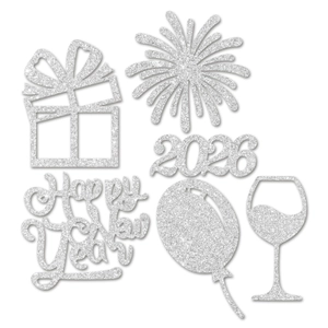 Silver 2026 Happy New Year glitter table confetti with fireworks and balloon shapes
