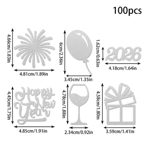 2026 Happy New Year glitter confetti set with size dimensions and 100pcs count details