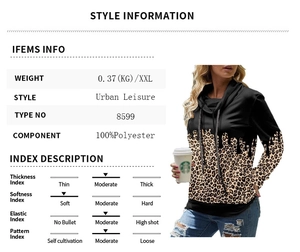 Detail of leopard print patchwork hoodie showing 100 percent polyester fabric info