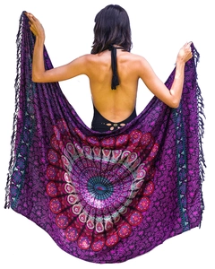Detailed view of large purple mandala beach cover-up with bohemian fringe details