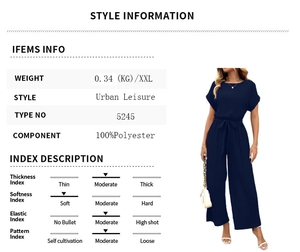Detail view of navy blue short sleeve jumpsuit showing 100% polyester fabric and features
