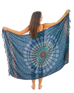 Detailed view of bohemian mandala pattern shawl with decorative fringe tassels on edges