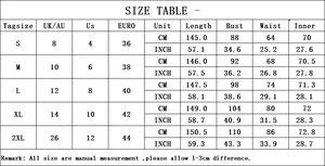 Detailed size guide table for women solid wide leg jumpsuit showing CM and INCH measurements
