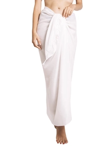 Detail of white beach sarong wrap with tied waist and sheer lightweight fabric