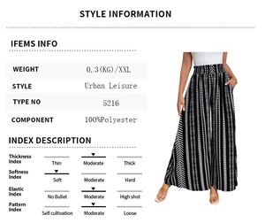 Size chart showing black and white geometric print wide leg pants with technical specs