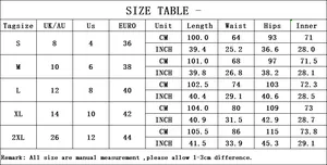 Detailed size chart for ethnic print trousers including UK, AU, US, and Euro measurements