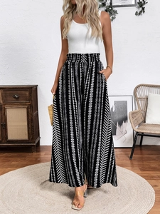 Ethnic geometric print wide-leg pants for women featuring a high-waisted elastic design